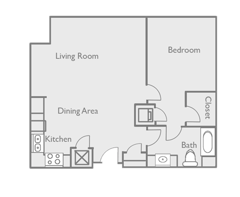 Floor plan for 1 bed, 1 bath, 727 sqft